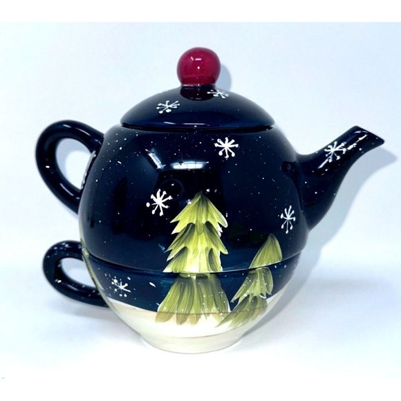 Wongs Ceramic Teapot For One Navy Snowman Snowflakes Pine Trees 3 Pc 20 oz 2006 - Picture 8 of 14